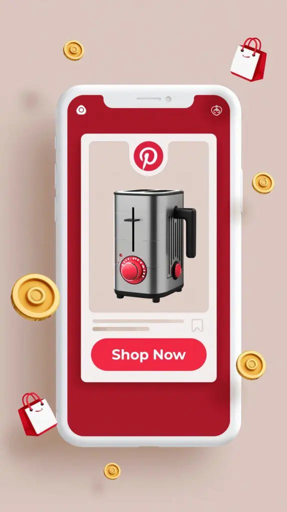 A minimalist vector illustration of an affiliate marketing pin on a smartphone screen with shopping icons nearby.