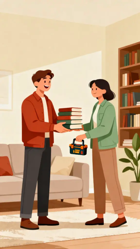 A heartwarming vector illustration of a friend lending books and tools to another, highlighting the benefit of borrowing over buying.