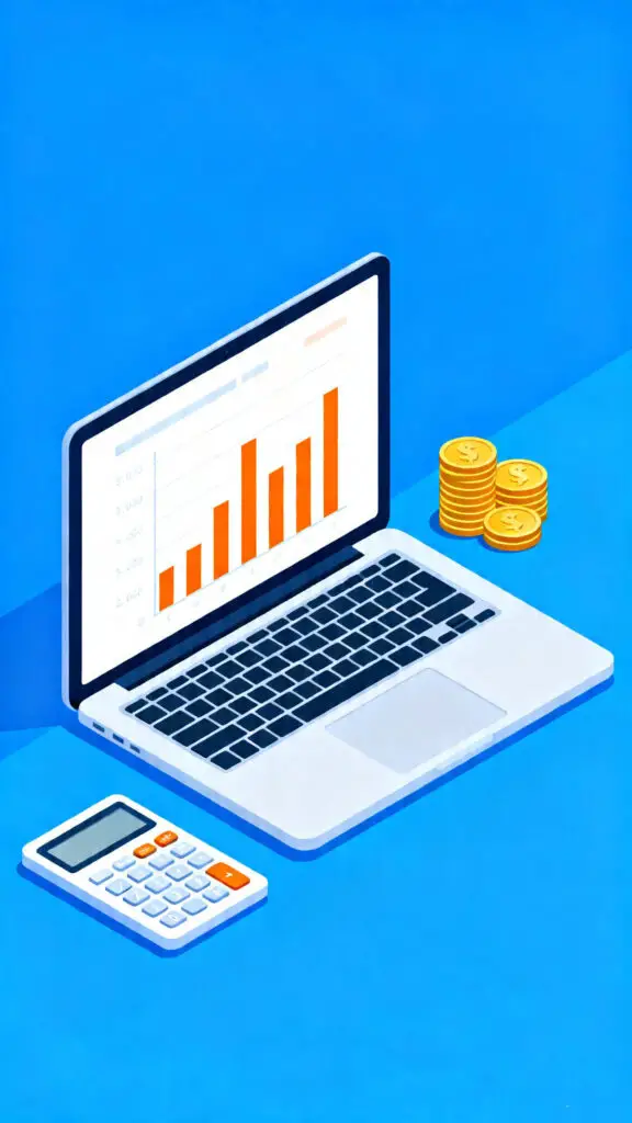 How To Write A Business Plan 3 A digital illustration of a budget planning setup, featuring a laptop with a bar chart, a calculator, and gold coins to represent financial tracking.