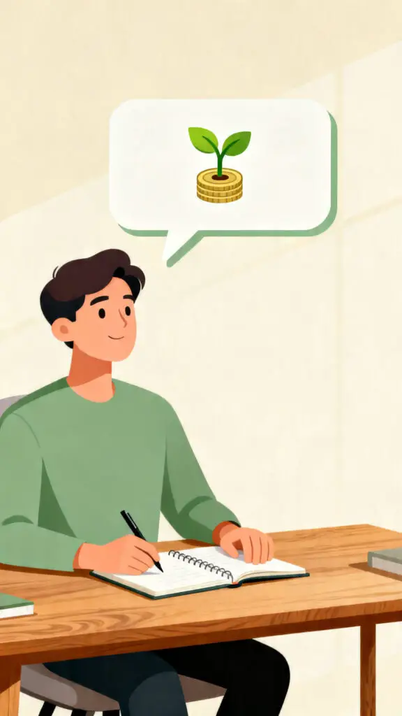 How To Write A Business Plan 2 A minimalist vector illustration of a person brainstorming their business idea in a notebook, with a small plant-and-coin icon above their head.