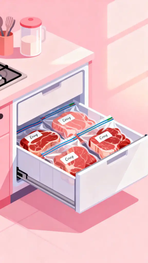 Tips to Save Money on Meat 2 Illustration of neatly portioned meat stored in freezer bags inside an organized freezer on a pastel pink background