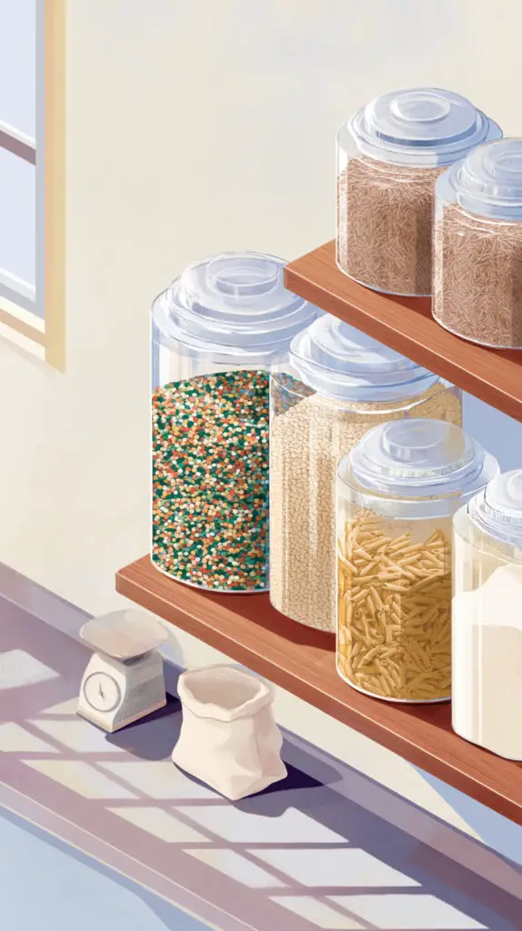 Frugal Meal Planning 3 A digital illustration of glass jars filled with bulk pantry staples like rice and lentils, arranged neatly on a shelf.