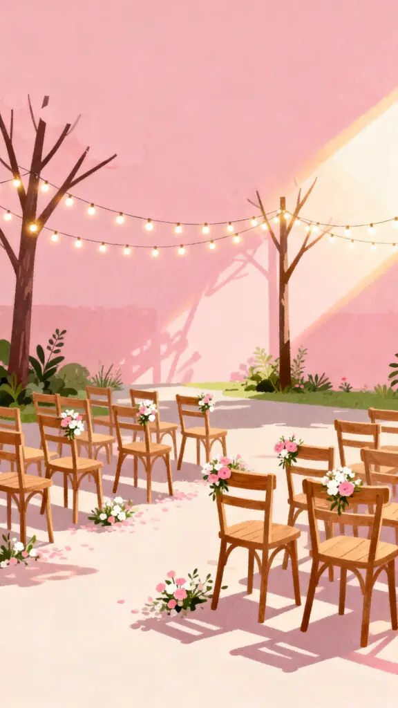 Wedding Ideas on a Low Budget 2 Illustration of a simple outdoor garden wedding venue with fairy lights and minimal decorations on a pastel pink background