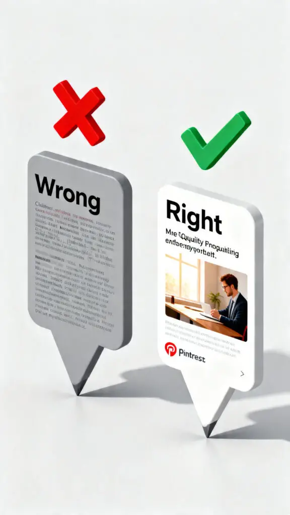 A digital illustration comparing a cluttered, ineffective Pinterest pin with a clean, high-performing one to show common mistakes.