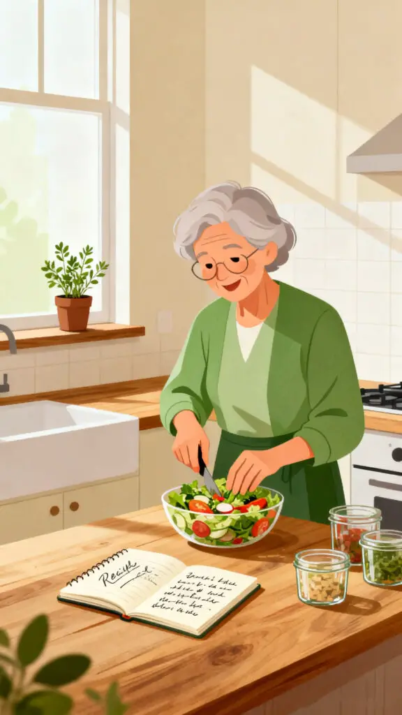 A warm vector illustration of a senior person enjoying the process of cooking a healthy meal at home.