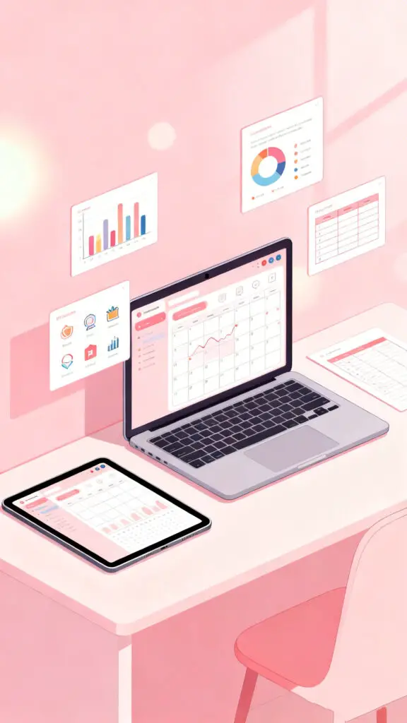 How To Make $1000 Using Google 6 Illustration of a digital workspace showing creation of printable products and templates on a pastel pink background.