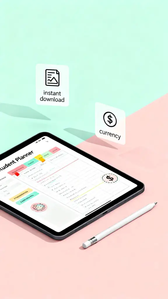 A modern digital illustration of an aesthetic digital planner on a tablet, symbolizing the sale of digital products.