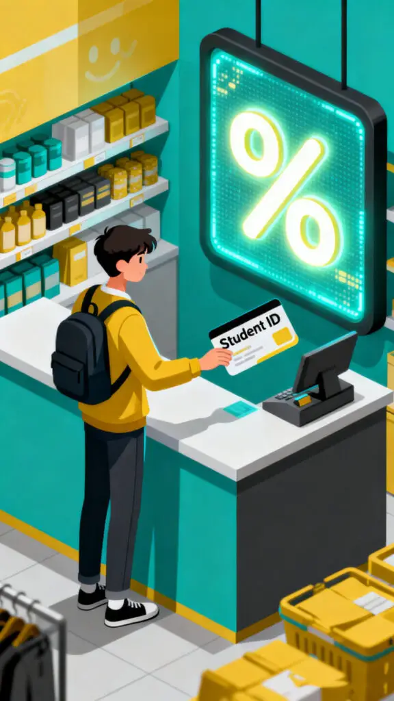 A modern digital illustration of a student using their ID card to receive a discount at a store.