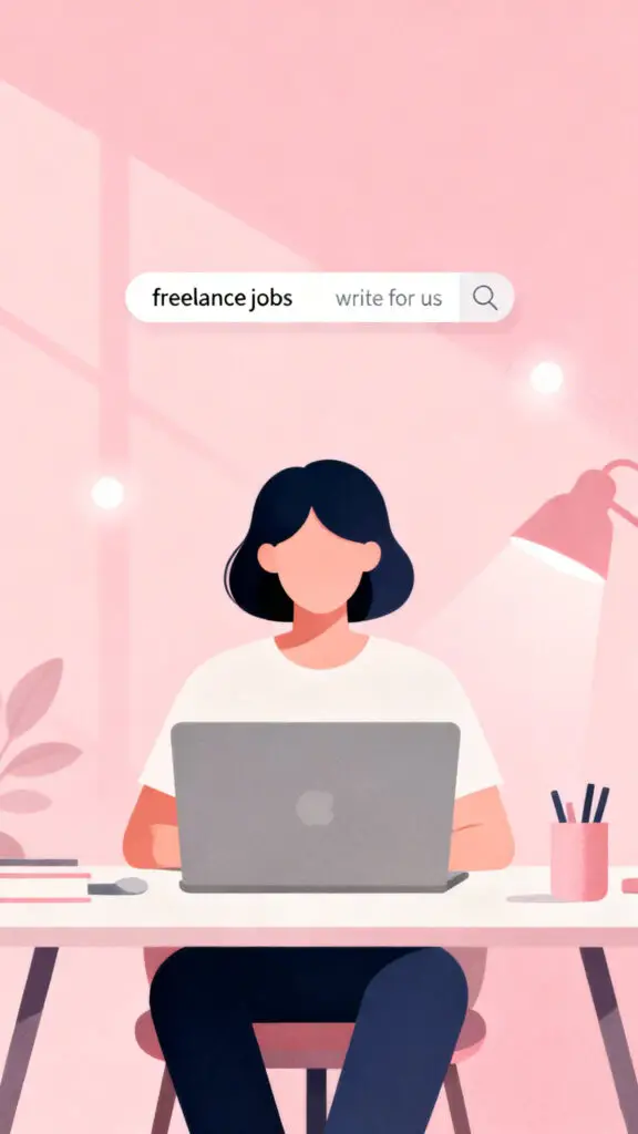 How To Make $1000 Using Google 5 Illustration of a person using Google on a laptop to search for freelance job opportunities in a soft pastel pink themed workspace.