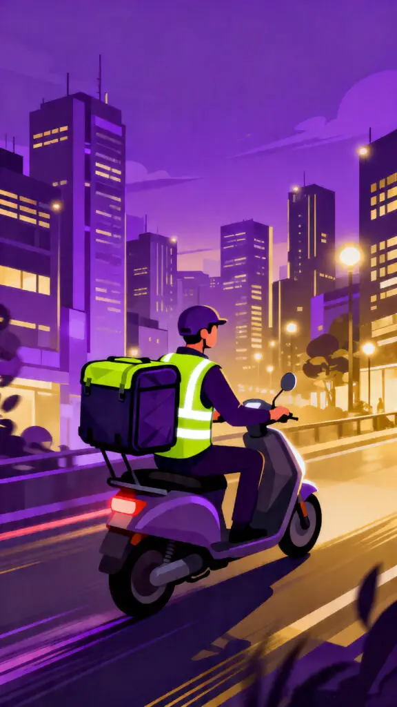 A modern digital illustration of a delivery rider on a scooter moving through a glowing city at night.