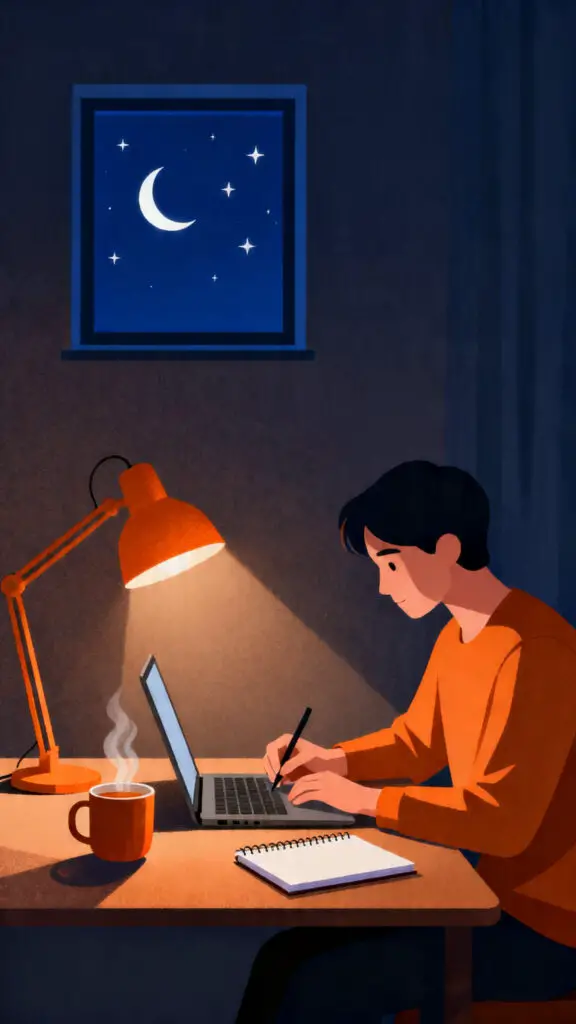 A cozy vector illustration of a person working on freelance writing at a desk at night, with a moonlit window in the background.