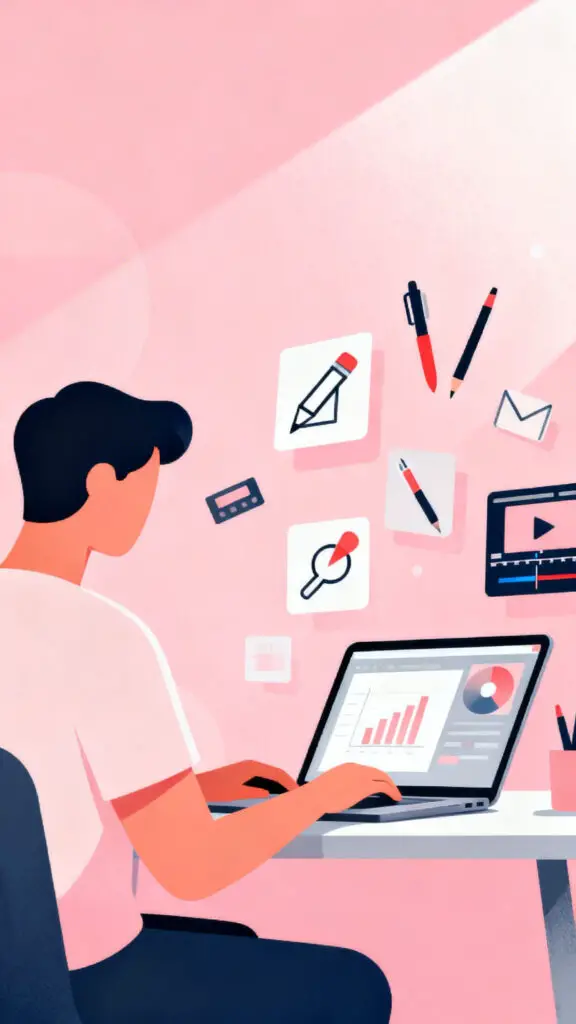 How To Make $500 A Day 2 Illustration of a freelancer working on a laptop with creative skill icons on a pastel pink background