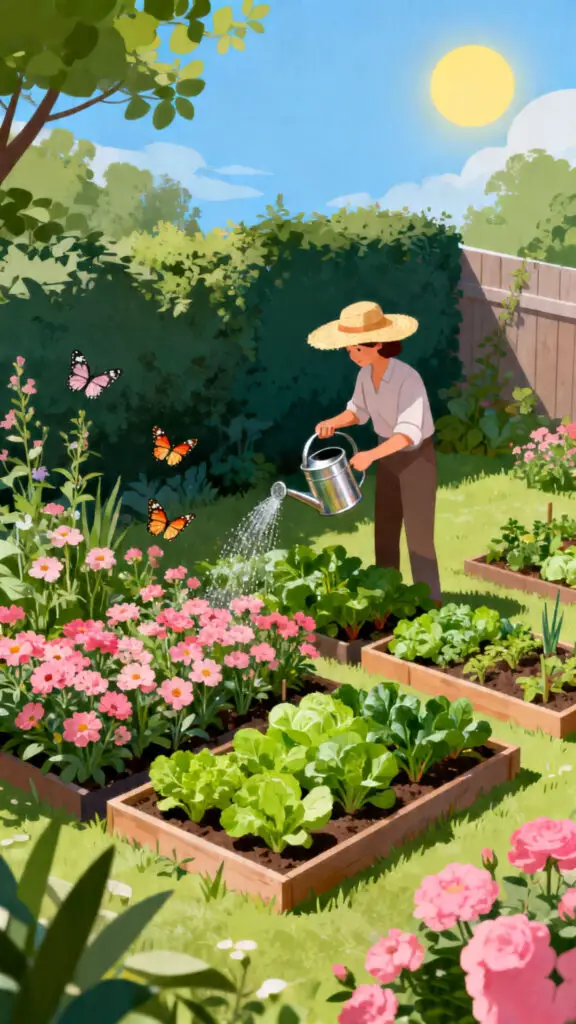 A bright digital illustration of a person peacefully watering plants in a beautiful, sunlit garden.