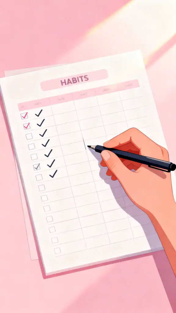 Illustration of a habit tracker planner page being filled out on a pastel pink background.