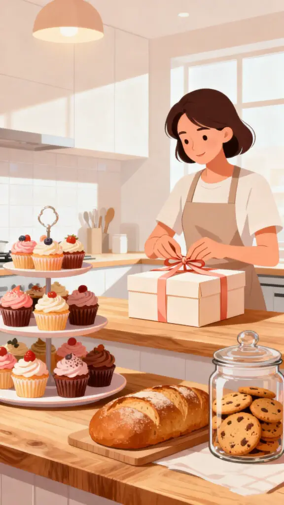 A cozy vector illustration of a home kitchen filled with fresh baked cupcakes and cookies ready for delivery.