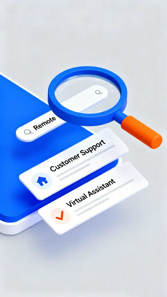 A stylish digital illustration of a search engine interface showing various remote job listings and a search for work-from-home roles.