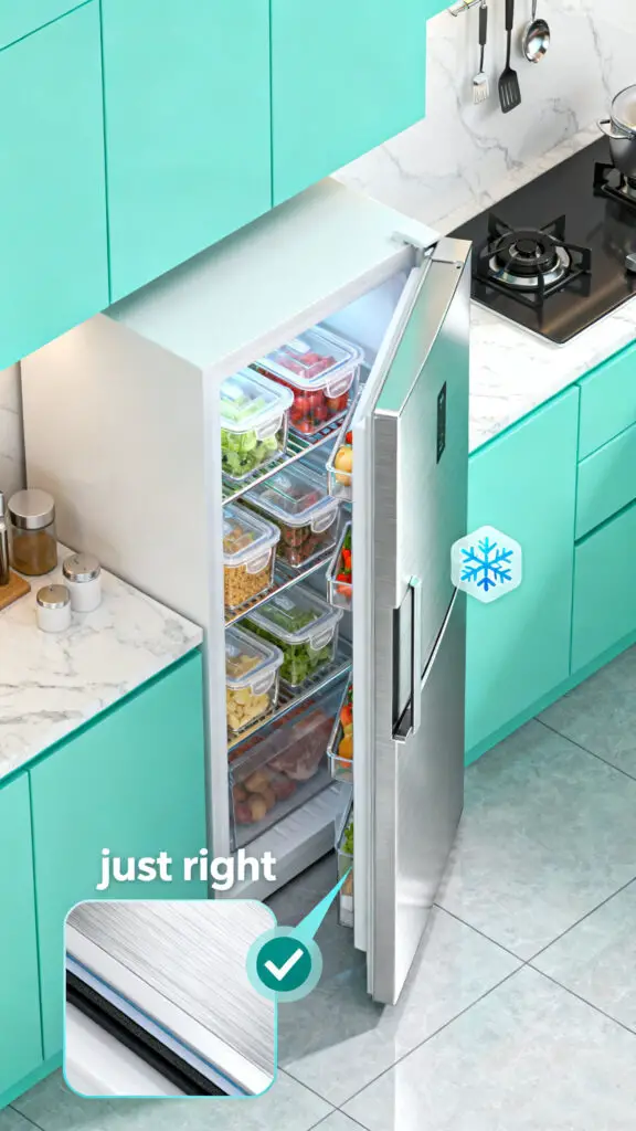 A clean digital illustration of an organized and energy-efficient refrigerator, highlighting proper food storage and door seals.