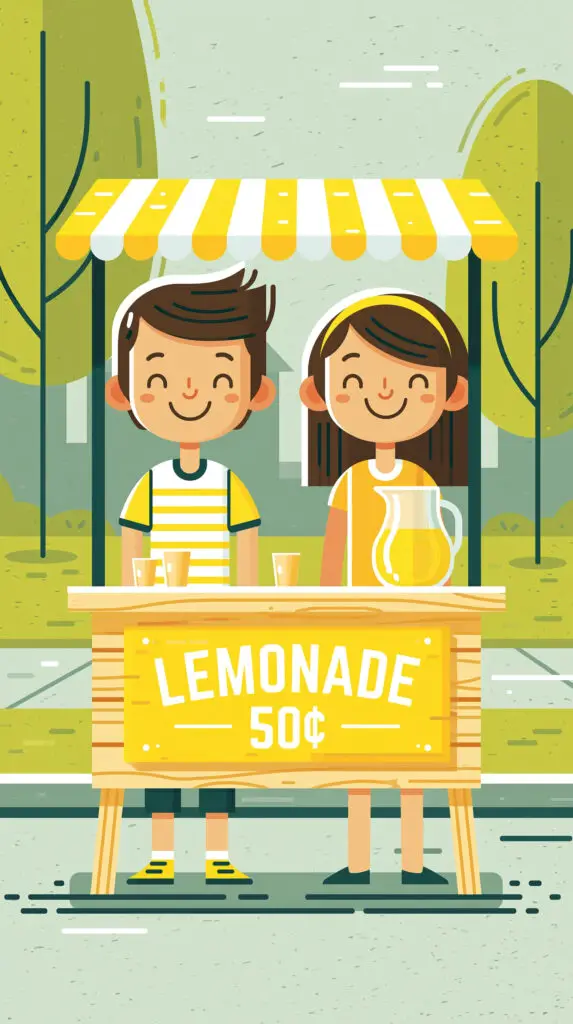 A cheerful vector illustration of two kids running a lemonade stand on a sunny sidewalk.