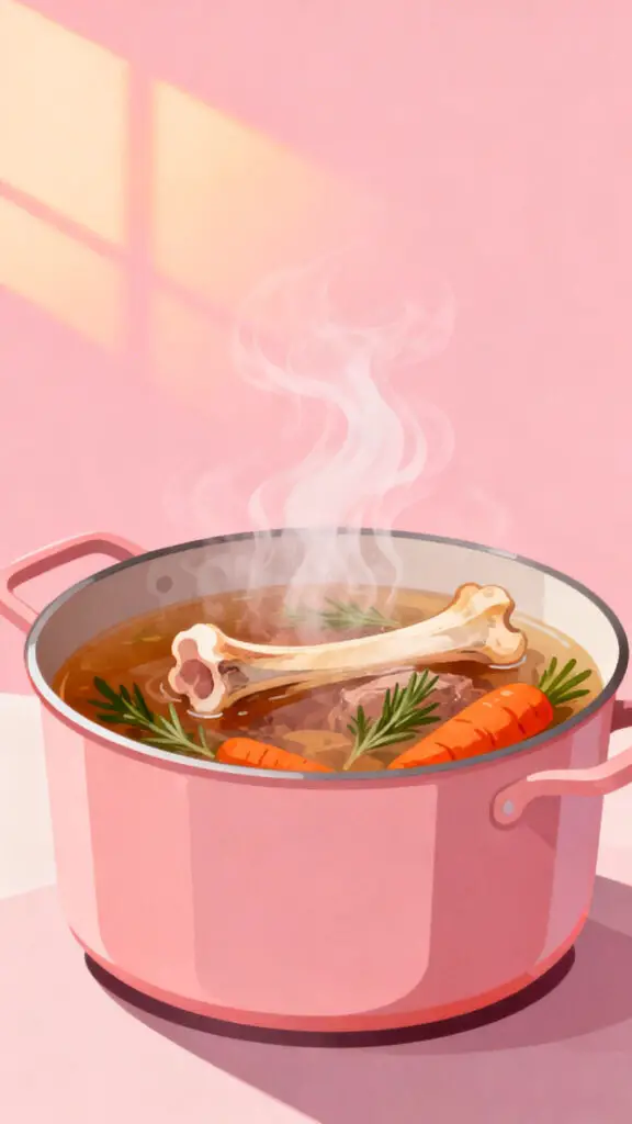Tips to Save Money on Meat 3 Illustration of a pot of homemade broth with bones and vegetables on a pastel pink background