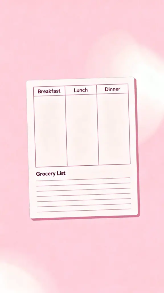 Illustration of a meal planner sheet with organized sections on a pastel pink background.