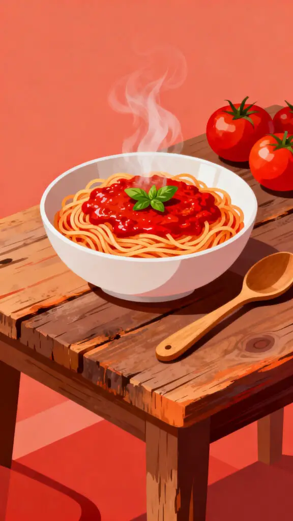 Cheap Meals Under $5 2 A cozy vector illustration of a bowl of spaghetti with tomato sauce and basil on a wooden kitchen table.