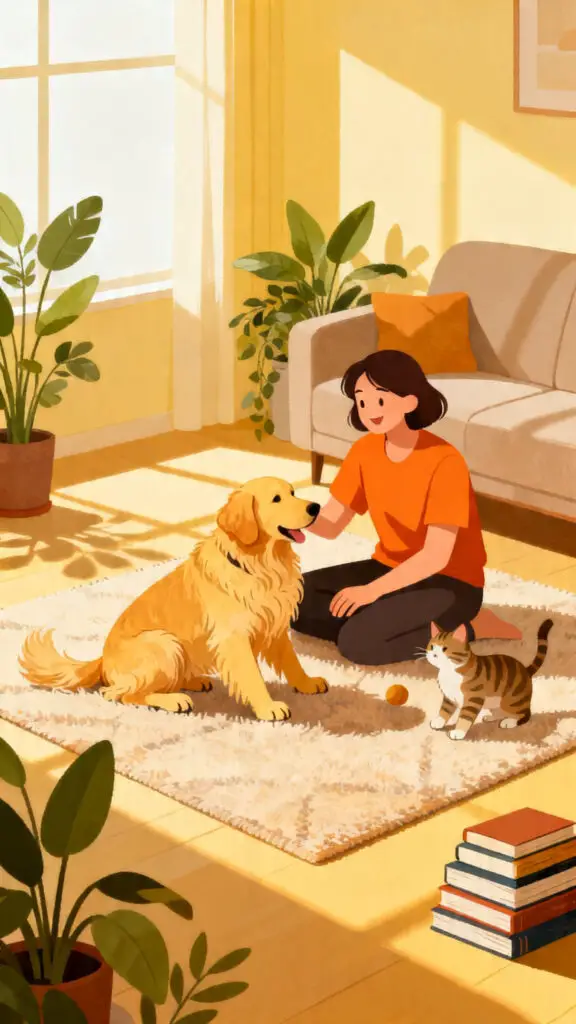 A cozy vector illustration of a person pet sitting a happy dog and cat in a bright, peaceful living room.