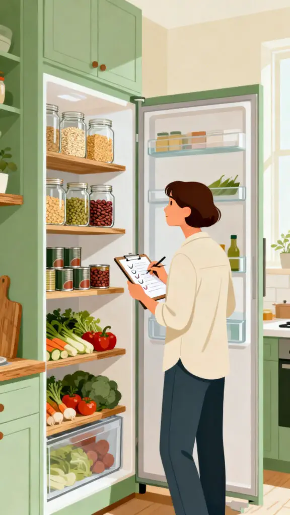 Frugal Meal Planning 2 A minimalist vector illustration of a person inventorying their well-organized kitchen pantry and fridge to plan a meal.