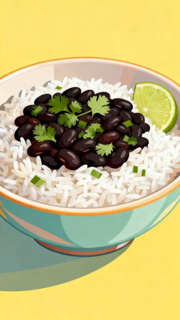 Cheap Meals Under $5 3 A bright digital illustration of a bowl of rice and beans with cilantro and a lime wedge.
