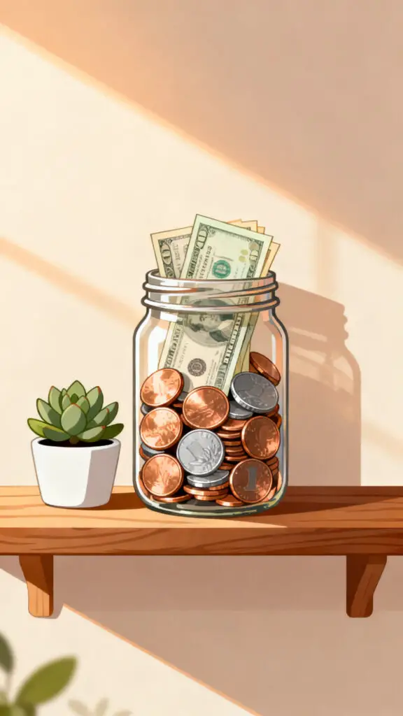 A peaceful vector illustration of a glass jar filled with loose change, symbolizing the growth of small daily savings.