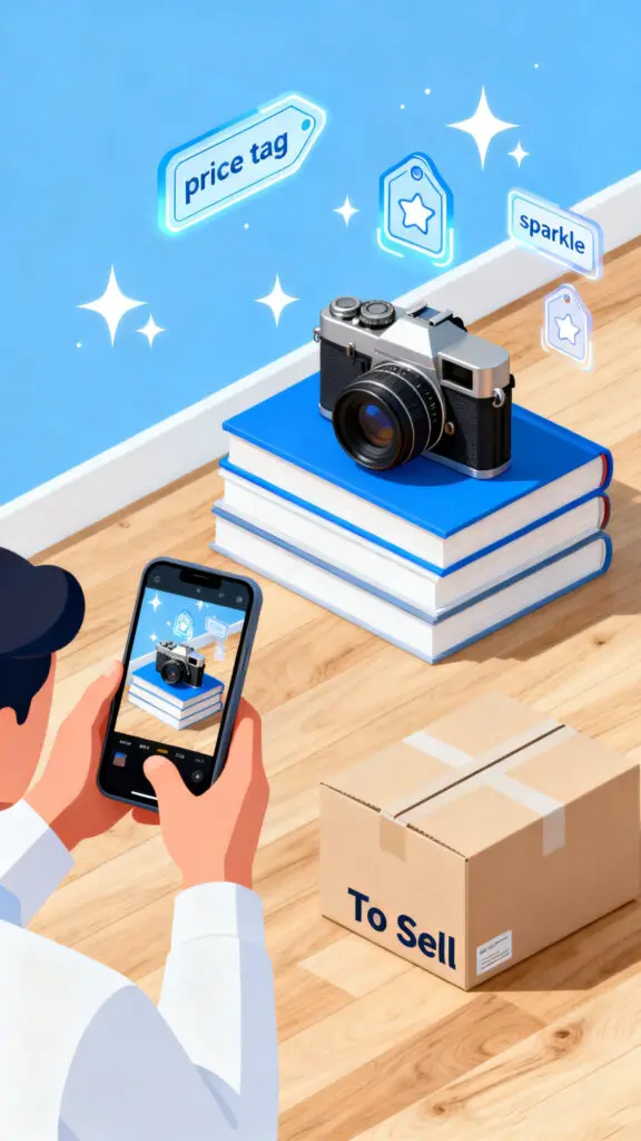 A modern digital illustration of someone photographing unused household items to sell them online for extra savings.