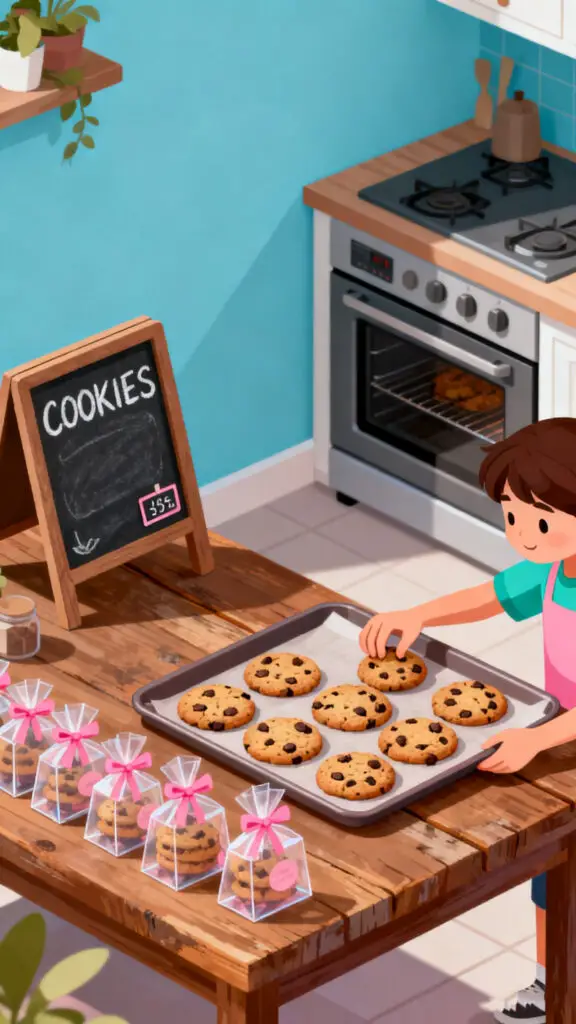 A colorful digital illustration of a kid preparing fresh cookies for sale at a home kitchen baked goods stand.