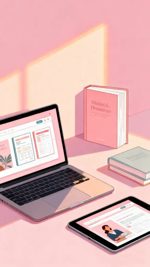 How To Make $500 A Day 3 Illustration of digital products like ebooks and templates displayed on devices on a pastel pink background