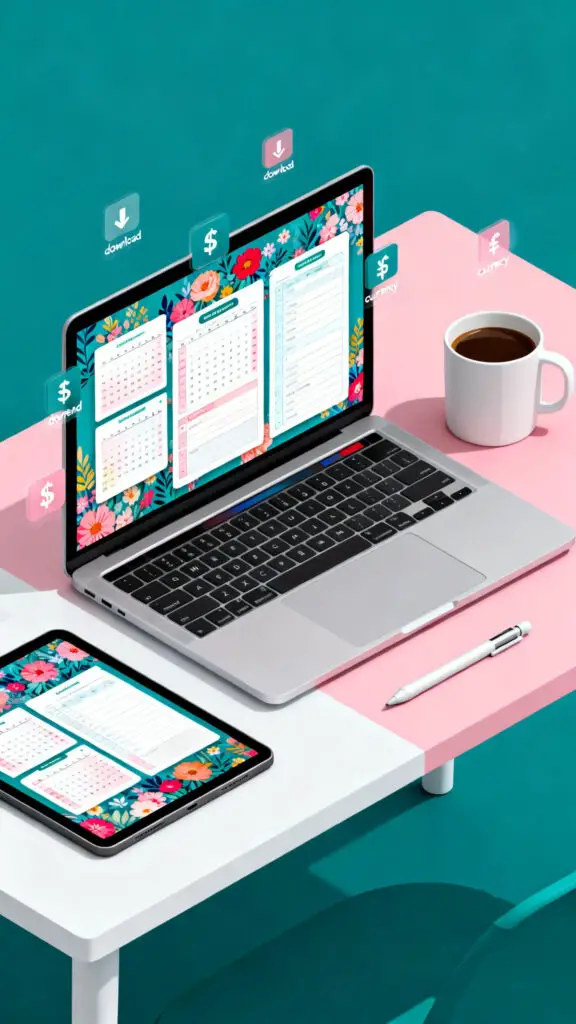 A modern digital illustration showing a laptop screen with aesthetic digital planners and printables for sale.