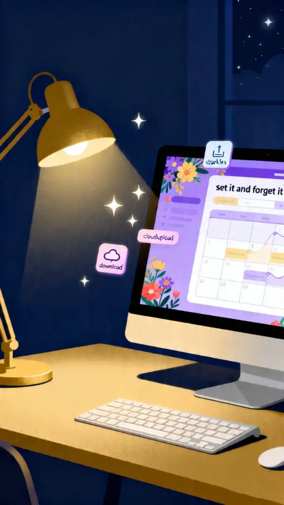 A peaceful vector illustration of a digital planner on a computer screen, representing the passive income of selling digital products.