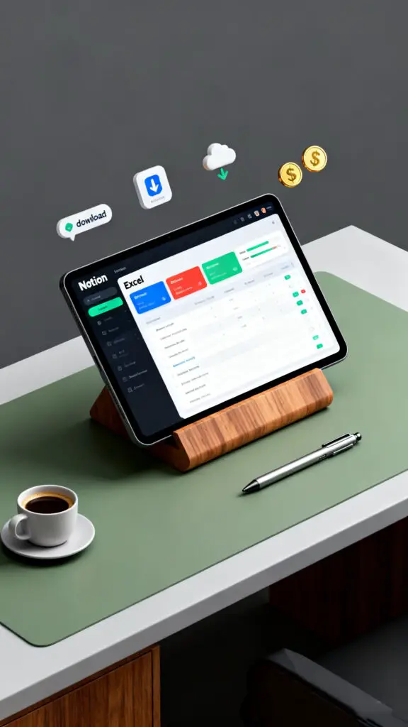 A professional digital illustration of a digital template on a tablet, representing the passive income potential of selling digital products.