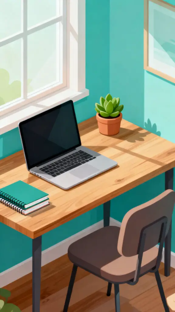A stylish digital illustration of an organized and sunlit home workspace designed for a small business owner.