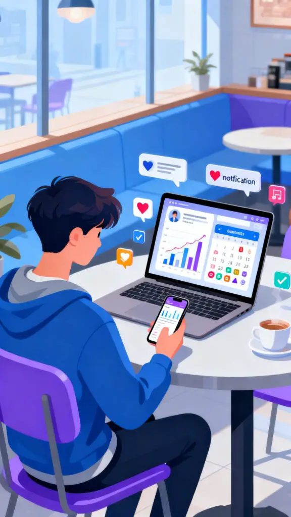 A trendy vector illustration of a student managing social media accounts with a laptop and phone in a cafe setting.