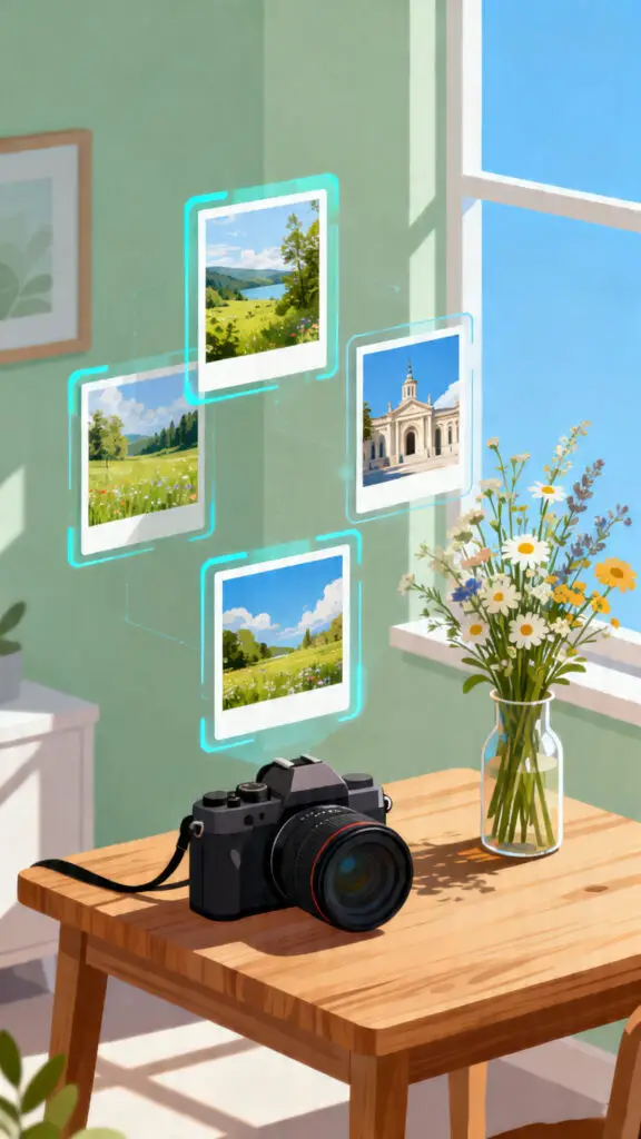 A bright digital illustration of a camera and framed nature photos, symbolizing the quiet business of stock photography.