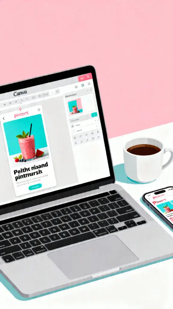 A minimalist vector illustration of a laptop showing a Pinterest pin design in progress, representing the use of easy design tools.