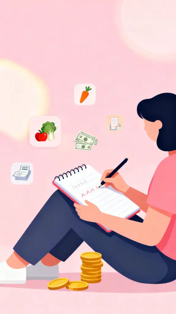 Tips to Save Money When You're Struggling to Make Ends Meet 2 Illustration of a person writing down expenses in a notebook with budget icons on a pastel pink background