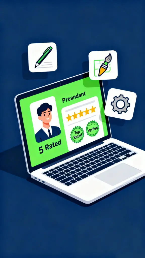A clean vector illustration of a successful freelancer profile on a laptop, highlighting ratings and professional skills.