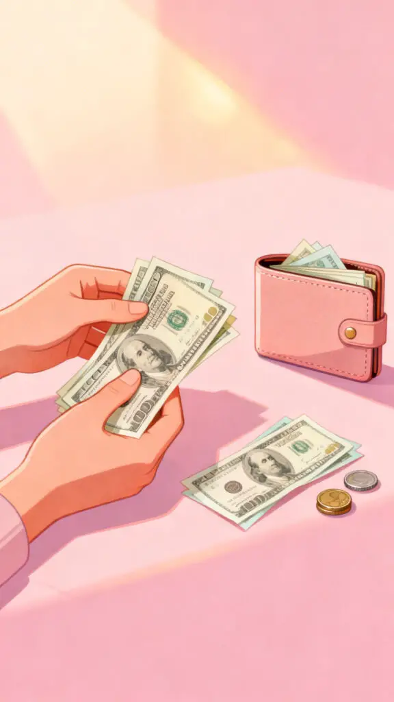 Tips to Save Money When You're Struggling to Make Ends Meet 3 Illustration of hands holding cash and a wallet representing mindful spending on a pastel pink background
