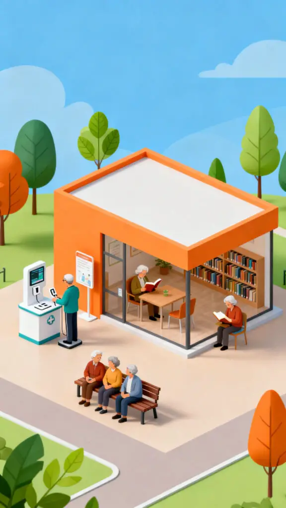 A modern digital illustration of seniors utilizing free resources and social programs at a local community center.