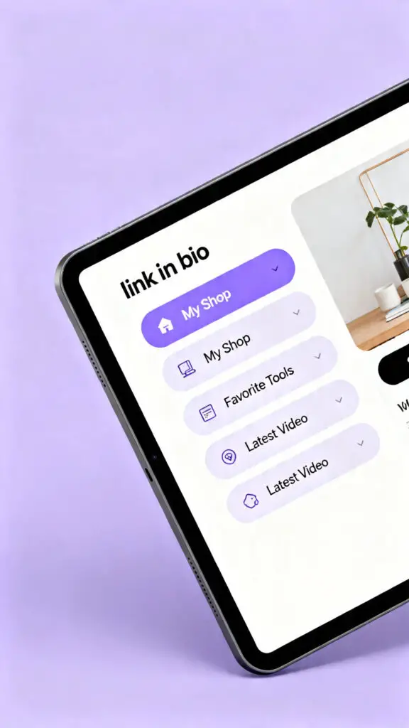 A professional digital illustration of a link aggregator tool on a tablet, showing a list of organized links for easy monetization.