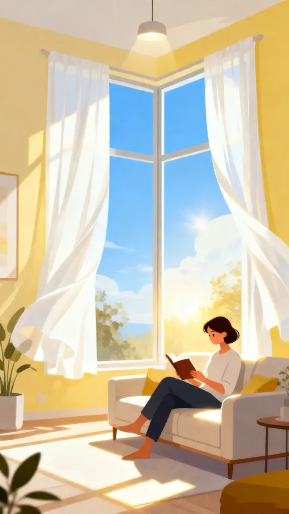 A bright vector illustration showing a room lit entirely by natural sunlight to save on electricity.