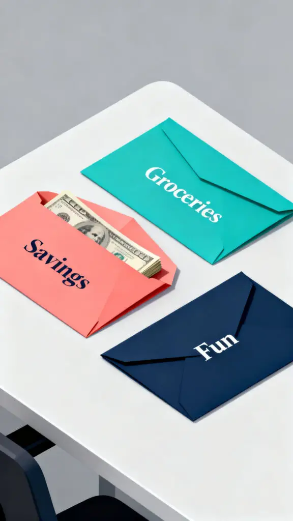 A professional digital illustration of the envelope budgeting method, showing money organized into different categories.