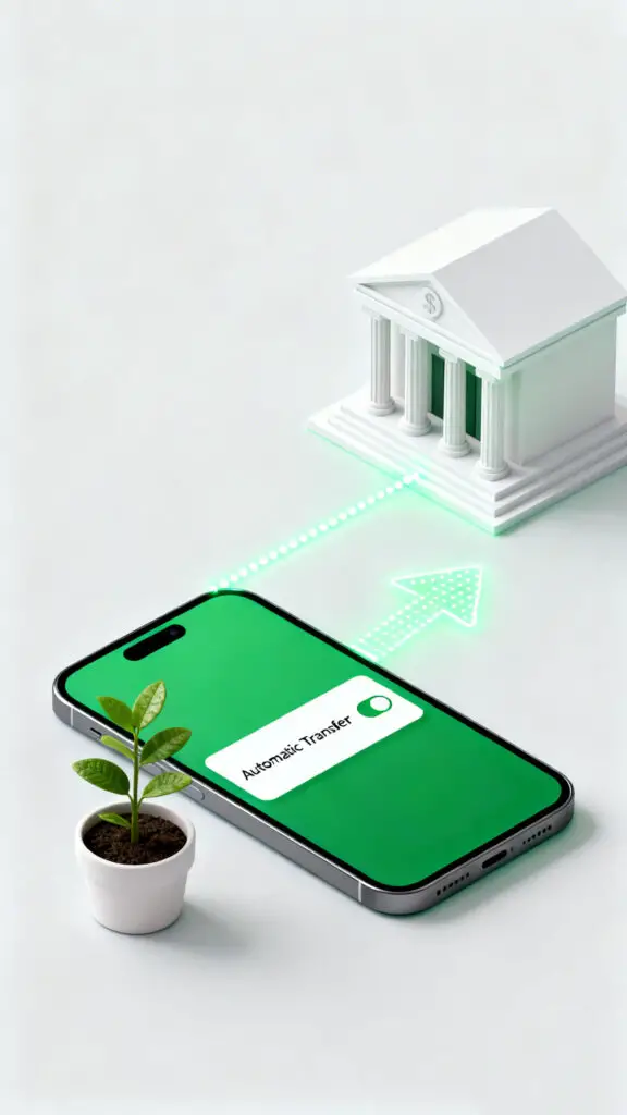 Biweekly Savings Plan For 6 Months 3 A modern digital illustration of a smartphone setting up an automatic bank transfer to a savings account, symbolizing effortless financial growth.