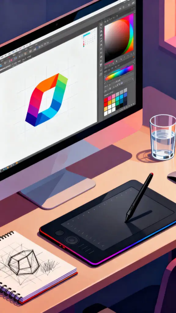 A professional digital illustration of a graphic design workspace showing a logo being created on a computer screen.