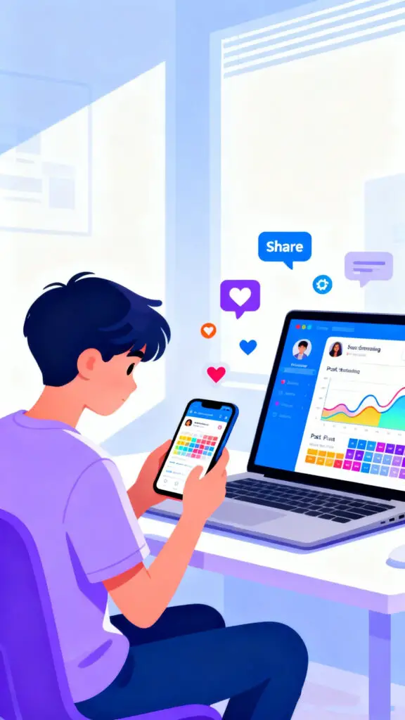 A trendy vector illustration of a teen managing social media accounts using a laptop and smartphone with engagement icons floating nearby.