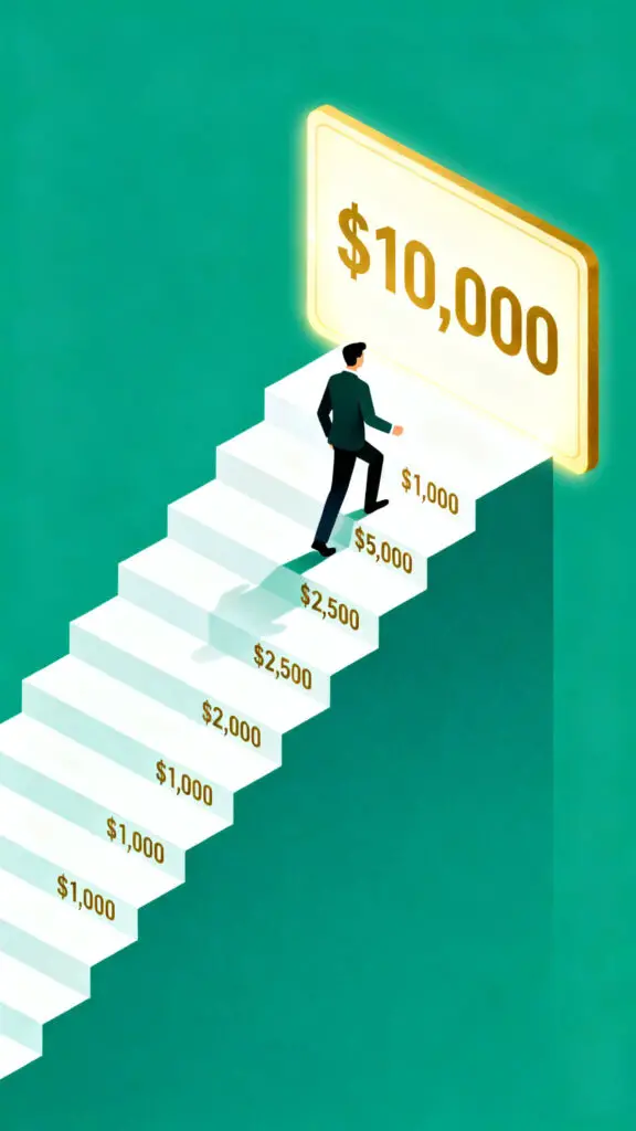 How to Save $10,000 for Your Emergency Fund 2 A motivational vector illustration showing a stepped path toward a $10,000 savings goal, representing manageable financial milestones.